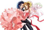  1boy 1girl aerith_gainsborough blue_eyes blue_hair bouquet bow brown_hair carrying da_huang dress elbow_gloves eyes_visible_through_hair final_fantasy final_fantasy_vii fingernails flower formal frills gloves green_eyes hair_slicked_back holding holding_another holding_bouquet long_hair open_mouth pink_dress princess_carry red_bow sakamoto_maaya simple_background smile suit upper_teeth white_background white_gloves yellow_flower zack_fair 