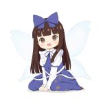  1girl :d bangs blue_dress blunt_bangs blush bow brown_eyes brown_hair chibi crys_(dai) dress fairy_wings full_body hair_bow highres long_hair open_mouth simple_background sitting smile solo star_(symbol) star_print star_sapphire touhou very_long_hair wariza white_background wings 