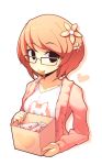  1girl bangs black_eyes blush box breasts brown_hair candy collarbone eyebrows_visible_through_hair fizintine flower food glasses hair_flower hair_ornament heart holding holding_box letter lollipop long_sleeves looking_at_viewer love_letter luna_(fizintine) original pink_sweater rectangular_eyewear shirt short_hair small_breasts solo sweater swept_bangs upper_body white_background white_shirt 