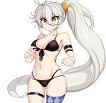  1girl armband ass_visible_through_thighs bikini black_bikini blue_legwear breasts clenched_teeth english_commentary front-tie_top girls_frontline grey_hair groin groin_tendon hair_between_eyes long_hair medium_breasts navel pkp_(girls_frontline) ponytail single_thighhigh solo steam_captein swimsuit teeth thigh-highs thighs very_long_hair white_background yellow_eyes 