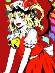  1girl :d ascot back_bow bangs blonde_hair blush bow breasts cowboy_shot crystal eyebrows_visible_through_hair eyes_visible_through_hair flandre_scarlet frilled_shirt_collar frills hair_bow hat highres kuya_(hey36253625) looking_ahead medium_hair mob_cap one_side_up open_mouth parted_bangs pointy_ears puffy_short_sleeves puffy_sleeves red_bow red_eyes red_skirt red_vest sharp_teeth short_sleeves sketch skirt small_breasts smile solo teeth touhou vest white_bow white_headwear wings yellow_neckwear 