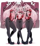  3girls :d animal_ears arms_behind_back bikini black_bikini black_footwear black_neckwear black_pants boots breasts cerberus_(helltaker) clenched_teeth commentary_request demon_girl demon_tail dog_ears dog_girl fang fangs full_body helltaker highres large_breasts long_hair looking_at_viewer micro_bikini multiple_girls nac000 navel necktie open_mouth pants red_eyes red_shirt sharp_teeth shirt smile standing swimsuit tail teeth white_hair 