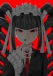  1girl black_hair black_jacket black_nails bow celestia_ludenberck commentary dangan_ronpa dangan_ronpa_1 drill_hair frilled_sleeves frills gothic_lolita hair_bow hand_to_own_mouth highres jacket lolita_fashion long_hair necktie outstretched_hand portrait red_background red_eyes signature simple_background smug solo sonodaarisu0731 very_long_hair 