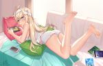  1girl ahoge ass bare_shoulders barefoot bed bedroom blonde_hair blue_eyes blush book breasts camisole cellphone chips chungmechanic feet_up flower food food_in_mouth game_console granblue_fantasy hair_between_eyes hair_flower hair_ornament hairband indoors jeanne_d&#039;arc_(granblue_fantasy) long_hair looking_back loose_clothes lying nintendo nintendo_switch on_stomach phone pillow potato_chips short_shorts shorts sideboob smartphone strap_slip sunlight video_game white_camisole white_shorts 