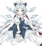 adapted_costume blue_bow blue_dress blue_eyes blue_hair blue_neckwear blush bow cape cirno commentary_request crown detached_wings dress frills fur-trimmed_cape fur_trim hair_ornament ice ice_wings mary_janes mini_crown neck_ribbon open_mouth ribbon shirt shoes short_hair short_sleeves sitting smile sorani_(kaeru0768) thigh-highs touhou white_background white_legwear white_shirt wings wrist_cuffs 