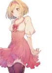  1girl a082 arms_behind_back bangs blonde_hair blush bow breasts brown_eyes brown_legwear cowboy_shot djeeta_(granblue_fantasy) dress granblue_fantasy hair_ornament hairband looking_away medium_breasts own_hands_together puffy_short_sleeves puffy_sleeves ribbon short_hair short_sleeves simple_background smile solo thigh-highs white_background 