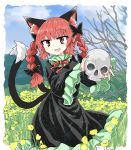  1girl animal_ears black_bow black_dress black_ribbon bow braid cat_ears chups dress extra_ears eyebrows_visible_through_hair fang flower frilled_dress frills green_frills hair_bow highres kaenbyou_rin long_sleeves looking_at_viewer multiple_tails outdoors red_eyes red_nails red_neckwear redhead ribbon skull tail touhou twintails two_tails yellow_flower 