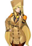  1girl :| armband ashiomi_masato black_gloves blonde_hair brown_jacket brown_legwear closed_mouth fur_hat gloves guilty_gear guilty_gear_strive hand_on_hip hand_on_own_face hat jacket long_hair millia_rage pantyhose solo 
