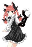  1girl :3 animal_ears bare_legs black_bow black_dress black_neckwear black_ribbon bow braid cat_ears chups cowboy_shot dress extra_ears eyebrows_visible_through_hair frilled_dress frills highres kaenbyou_rin long_sleeves multiple_tails red_eyes red_nails redhead ribbon solo tail touhou twin_braids two_tails white_background white_frills white_sleeves 