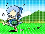  ._. 1girl bag barefoot blouse blue_dress blue_hair blue_ribbon candy child cirno clenched_hands collared_shirt dress eyebrows eyebrows_visible_through_hair falling food headphones ice ice_wings musical_note pon_(0737) red_neckwear ribbon satchel shirt short_hair solo touhou walking whistle wings 
