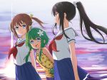  3girls abe_kanari bag black_hair blue_eyes blue_skirt brown_hair cowboy_shot flower green_hair hair_flower hair_ornament handbag high_school_fleet long_hair low_twintails misaki_akeno multiple_girls munetani_mashiro neckerchief ocean open_mouth pleated_skirt polka_dot ponytail red_eyes red_neckwear school_uniform serafuku shirt short_hair short_sleeves skirt susan_reyes tank_top twintails upper_teeth yellow_shirt yokosuka_girls_marine_high_school_uniform 