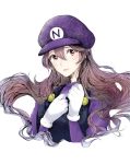  1girl absurdres ballpoint_pen_(medium) baseball_cap brown_hair closed_mouth corrin_(fire_emblem) corrin_(fire_emblem)_(female) cosplay cropped_torso fire_emblem floating_hair freckles gloves hat highres long_hair long_sleeves looking_at_viewer overalls purple_headwear purple_sweater red_eyes roroichi simple_background solo super_smash_bros. sweater traditional_media upper_body very_long_hair wario wario_(cosplay) white_background white_gloves 