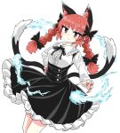  1girl :3 animal_ears bare_legs black_bow black_dress black_neckwear black_ribbon bow braid cat_ears chups dress extra_ears eyebrows_visible_through_hair frilled_dress frills highres hitodama kaenbyou_rin long_sleeves looking_at_viewer multiple_tails red_eyes red_nails redhead ribbon solo tail touhou twin_braids two_tails white_background white_frills white_sleeves 