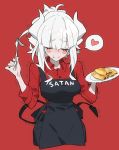  1girl :t alternate_hairstyle apron bangs black_apron black_pants blush_stickers buttons closed_eyes closed_mouth collared_shirt commentary cowboy_shot demon_girl demon_horns demon_tail eating english_text eyebrows_visible_through_hair folded_ponytail food fork hair_up heart helltaker highres holding holding_fork holding_plate horns long_hair lucifer_(helltaker) oomabu_shichirou pancake pants plate red_background red_shirt shirt sidelocks simple_background solo speech_bubble spoken_heart tail white_hair 