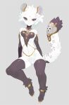  10r_(tulipano) 1girl animal_ears black_eyes black_fur blush breasts bright_pupils claws commentary_request copyright_request full_body furry grey_background medium_breasts navel short_hair simple_background sitting solo tail two-tone_fur white_fur white_hair white_pupils 