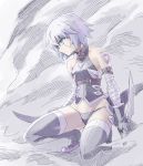 1girl bandaged_arm bandages bare_shoulders black_legwear black_panties closed_mouth dual_wielding facial_scar fate/apocrypha fate_(series) gloves green_eyes highres holding ishiyumi jack_the_ripper_(fate/apocrypha) knife panties scar scar_on_cheek short_hair silver_hair solo tattoo thigh-highs underwear 