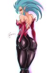  1girl absurdres ass blue_hair bodysuit dated earrings hands_on_own_ass highres jewelry long_hair looking_at_viewer looking_back pointy_ears ryouko_(tenchi_muyou!) solo spiky_hair sugishin46 tenchi_muyou! torn_bodysuit torn_clothes white_background yellow_eyes 