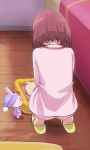  1girl bed from_behind hanadera_nodoka haruyama_kazunori healin&#039;_good_precure latte_(precure) long_sleeves pajamas pink_pajamas precure rabirin_(precure) redhead short_hair squatting yellow_footwear 