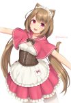  1girl :3 :d animal_ear_fluff animal_ears apron brown_hair capelet cat_ears cat_tail cowboy_shot frilled_skirt frills hood hood_down hooded_capelet long_hair looking_at_viewer low_twintails maid_headdress open_mouth original outstretched_arms pink_capelet pink_eyes pink_skirt pleated_skirt sasaame skirt smile solo spread_arms standing tail thigh-highs twintails twitter_username underbust very_long_hair white_apron white_legwear 