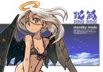  1girl bikini bikini_top bottomless breasts earrings english_text front-tie_bikini front-tie_top halo jewelry long_hair looking_at_viewer mechanical_wings nancou_(nankou) navel orange_eyes original out-of-frame_censoring small_breasts solo swimsuit tattoo white_hair wings 