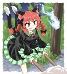 1girl animal_ears black_bow black_dress black_ribbon bow braid cat_ears cat_tail chups dress extra_ears eyebrows_visible_through_hair fang frilled_dress frilled_sleeves frills green_frills hair_bow highres hitodama kaenbyou_rin long_sleeves multiple_tails neckwear outdoors red_eyes red_neckwear redhead ribbon tail touhou twin_braids two_tails wheelbarrow 