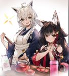  2girls :d ahoge alternate_costume alternate_hairstyle animal_ear_fluff animal_ears apron bell black_hair blue_kimono braid breasts choker commentary cowboy_shot crop_top detached_sleeves drink earrings enmaided eyebrows_visible_through_hair eyelashes fox_ears green_eyes hair_between_eyes hair_ornament hands_together hololive japanese_clothes jewelry kimono kouhaku_nawa long_hair looking_at_viewer maid majo_(pastamajo) medium_breasts multicolored_hair multiple_girls ookami_mio open_mouth pot red_choker redhead shirakami_fubuki side_braids simple_background sitting smile streaked_hair table twin_braids two-tone_hair virtual_youtuber waitress white_background wide_sleeves wolf_ears yellow_eyes 