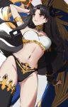  1girl black_hair black_legwear black_ribbon breasts earrings fate/grand_order fate_(series) hair_ribbon hand_up heavenly_boat_maanna hoop_earrings ishtar_(fate)_(all) ishtar_(fate/grand_order) jewelry long_hair looking_away looking_to_the_side medium_breasts navel open_mouth rain_(nadroj31) red_eyes ribbon single_thighhigh smile solo thigh-highs two_side_up 