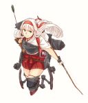  1girl arrow boots bow_(weapon) breastplate brown_eyes brown_gloves full_body gloves hairband holding holding_bow_(weapon) holding_weapon kantai_collection long_hair machinery partly_fingerless_gloves pleated_skirt red_hairband red_skirt shoukaku_(kantai_collection) simple_background single_glove skirt smile solo thigh-highs thigh_boots weapon weidashming white_background white_hair yugake yumi_(bow) 