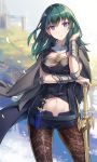  .com 1girl black_shorts blue_eyes blue_hair byleth_(fire_emblem) byleth_eisner_(female) closed_mouth dagger fire_emblem fire_emblem:_three_houses highres navel_cutout pantyhose petals sheath sheathed short_shorts shorts smile solo sword sword_of_the_creator weapon 