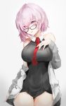  1girl black_dress breasts dress eyebrows_visible_through_hair fate/grand_order fate_(series) glasses grey_jacket hair_between_eyes hand_on_breast hand_on_lap highres jacket jacket_on_shoulders lielac looking_at_viewer mash_kyrielight medium_breasts necktie open_mouth pink_eyes pink_hair seiza short_dress short_hair sitting solo white_background 