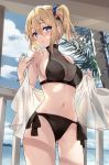  1girl absurdres ass_visible_through_thighs bare_shoulders bikini black_bikini blonde_hair blue_eyes blue_nails breasts clouds collarbone cowboy_shot day groin hair_between_eyes hair_ornament hair_scrunchie halterneck hayasaka_ai head_tilt highres kaguya-sama_wa_kokurasetai_~tensai-tachi_no_renai_zunousen~ large_breasts long_hair looking_at_viewer nail_polish navel off_shoulder open_clothes outdoors parted_lips sakura_honoka_(srhk0623) scrunchie see-through side-tie_bikini side_ponytail sideboob sidelocks solo standing stomach swimsuit thighs tree wet 