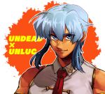  1boy armlet blue_eyes blue_hair chinese_clothes copyright_name hair_between_eyes highres looking_at_viewer male_focus necktie orange_background red_neckwear shen_(undead_unluck) sidelocks smile solo tontoro_(toropig-thunder) undead_unluck upper_body 