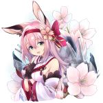  1girl animal_ears azur_lane bangs bare_shoulders black_gloves breasts cherry_blossoms commentary_request eyebrows_visible_through_hair flower fox_ears fox_girl gloves green_eyes hair_between_eyes hair_flower hair_ornament hairband hanazuki_(azur_lane) highres japanese_clothes kimono long_hair looking_at_viewer minosu open_mouth pink_hair rigging sidelocks simple_background smile solo upper_body white_background 