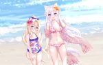  2girls :d animal_ear_fluff animal_ears artist_name bangs bare_arms bare_shoulders beach bikini blonde_hair blue_bow blue_eyes blurry blurry_background blush bow braid breasts casual_one-piece_swimsuit cat_ears cat_girl cat_tail closed_mouth collarbone commentary_request day depth_of_field double_bun eyebrows_visible_through_hair floral_print flower frilled_bikini frilled_swimsuit frills fringe_trim glasses hagoromo hair_between_eyes hair_bow hair_flower hair_ornament hand_up highres long_hair medium_breasts multiple_girls natsumii_chan navel one-piece_swimsuit open_mouth orange_flower original outdoors pink_bikini print_bikini print_swimsuit round_eyewear sand shawl silver_hair smile standing swimsuit tail very_long_hair water waves white_swimsuit 