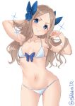  1girl armpits asakaze_(kantai_collection) ass_visible_through_thighs bangs blonde_hair blue_bra blue_eyes blue_panties blue_ribbon blush bra collarbone cowboy_shot ebifurya hair_ribbon highres kantai_collection long_hair looking_at_viewer navel panties parted_bangs ribbon sidelocks simple_background smile solo twitter_username underwear underwear_only wavy_hair white_background 