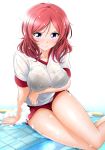  1girl arm_support breasts buruma closed_mouth collarbone commentary_request eyebrows_visible_through_hair foam gym_uniform highres kirisaki_reina large_breasts love_live! love_live!_school_idol_project nishikino_maki red_buruma redhead short_hair short_sleeves simple_background solo thighs violet_eyes wet wet_clothes wet_hair white_background 