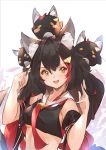  1girl :d animal_ear_fluff animal_ears black_hair blush breasts commentary crop_top detached_sleeves english_commentary hair_between_eyes hair_ornament holding holding_hair hololive long_hair looking_at_viewer majo_(pastamajo) medium_breasts midriff multicolored_hair ookami_mio open_mouth red_neckwear redhead sideboob simple_background smile solo streaked_hair two-tone_hair under_boob upper_body virtual_youtuber white_background wolf_ears yellow_eyes 