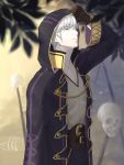  1boy arm_up bangs black_cloak blurry_foreground brown_gloves cloak closed_mouth collarbone eyebrows_visible_through_hair fire_emblem fire_emblem_awakening gloves heterochromia hood hood_up hooded_cloak looking_at_viewer male_focus red_eyes skull solo standing uni_(pixiv43878501) yellow_eyes 