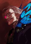  1boy blue_eyes bug butterfly facial_hair fate/grand_order fate_(series) formal from_side glasses gradient gradient_clothes grey_hair insect james_moriarty_(fate/grand_order) light long_sleeves looking_at_viewer male_focus mustache pako shadow shiny shiny_hair simple_background sketch smile solo upper_body vest white_hair 