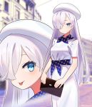  1girl anastasia_(fate/grand_order) bangs beret blue_eyes blue_scarf blush breasts contemporary dress fate/grand_order fate_(series) hair_over_one_eye hat large_breasts long_hair looking_at_viewer multiple_views sash scarf short_sleeves silver_hair smile tongue tongue_out white_dress white_headwear zenshin 