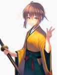  1girl ahoge bangs brown_hair closed_mouth eyebrows_visible_through_hair gnjlogg green_hakama hair_between_eyes hakama highres holding holding_sheath japanese_clothes kimono long_sleeves looking_at_viewer original sheath sheathed shiny shiny_hair short_hair simple_background smile solo standing w white_background wide_sleeves yellow_eyes yellow_kimono 