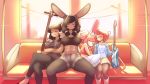  4girls abs absurdres animal_ears arm_around_shoulder arms_under_breasts black_hair black_legwear blush breast_lift breasts brown_hair brown_shorts bunny_girl closed_eyes collarbone crop_top crossed_arms crossed_legs emi_(fizintine) facing_viewer fiz_(fizintine) fizintine glasses guitar highres holding holding_instrument instrument large_breasts luna_(fizintine) multiple_girls navel original pantyhose pleated_skirt rabbit_ears rectangular_eyewear shikoke_(fizintine) short_shorts shorts sitting skirt sleeping smile spread_legs tall_female tan train_interior yellow_skirt 