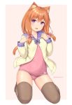  1girl :d animal_ear_fluff animal_ears blush border bow bowtie cat_ears cat_tail contrapposto covered_navel eyebrows_visible_through_hair full_body grey_legwear hair_bow hands_up jacket kneeling long_sleeves looking_at_viewer one-piece_swimsuit open_mouth orange_hair original pink_background pink_bow pink_swimsuit purple_neckwear purple_sailor_collar sailor_collar sasaame school_uniform serafuku simple_background smile solo swimsuit tail thigh-highs twitter_username violet_eyes white_border yellow_jacket 