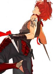  1boy armor bangs bare_shoulders fate/grand_order fate_(series) fingerless_gloves fuuma_kotarou_(fate/grand_order) gloves hair_over_eyes japanese_clothes kunai looking_at_viewer looking_back ninja open_mouth pako redhead revealing_clothes sandals scarf shiny shiny_hair shoulder_tattoo solo tattoo upper_body weapon white_background 