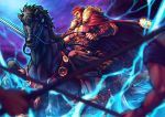  1boy arm_armor armor bara beard black_hair bucephalus cape carousel chest cleavage_cutout facial_hair fate/grand_order fate/zero fate_(series) fighting_stance from_side full_body fur_trim holding horse horseback_riding iskandar_(fate) leather lightning looking_at_viewer ma2910ko male_focus muscle pectorals red_cape red_eyes redhead riding sandals sky soldier solo_focus sword weapon 