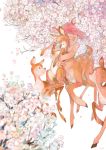  1girl absurdres artist_name centauroid cherry_blossoms closed_eyes day deer deer_girl fawn flower highres hug hug_from_behind looking_at_another outdoors redhead short_hair spring_(season) white_background zlj 