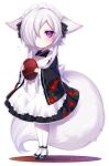  1girl aika_(konshin) animal_ears artist_name black_footwear floral_print fox_ears fox_tail hair_over_one_eye konshin long_hair maid original pantyhose short_hair_with_long_locks solo tail tray violet_eyes white_background white_hair white_legwear wide_sleeves 