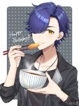  1boy argonavis_from_bang_dream! bang_dream! blue_hair bowl chopsticks croquette eating food grey_background hair_over_one_eye happy_birthday holding holding_bowl jacket leather leather_jacket male_focus misono_reon mugi_(iccomae) sleeves_rolled_up solo yellow_eyes 