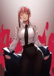  1girl absurdres asd03853116 bangs black_jacket black_legwear black_neckwear black_pants blood bloody_hands breasts brown_hair business_suit chainsaw_man collared_shirt eyebrows_visible_through_hair formal highres jacket large_breasts long_sleeves looking_at_viewer makima_(chainsaw_man) medium_hair necktie neckwear open_mouth pants pink_eyes removing_jacket ringed_eyes shirt shirt_tucked_in short_hair solo suit tight tight_pants undressing white_shirt 