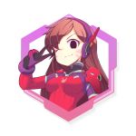  1girl alternate_costume arm_up bangs black_eyes bodysuit breasts brown_hair closed_mouth d.va_(overwatch) eyebrows_visible_through_hair facial_mark fizintine large_breasts long_hair looking_at_viewer one_eye_closed overwatch smile solo swept_bangs upper_body v 